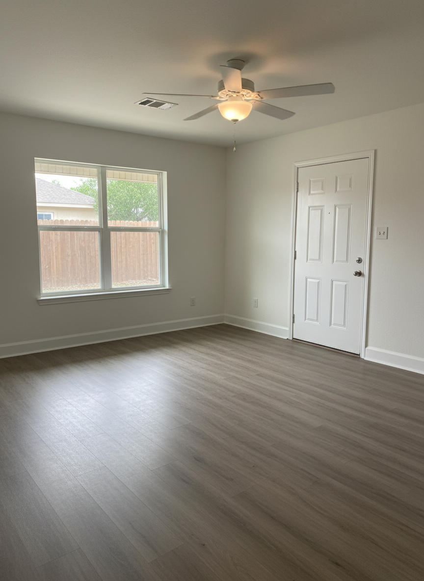 A bright, spacious living room in a San Antonio rental home, featuring durable light-gray vinyl plank flooring, freshly painted soft white walls, and wide baseboards. A large double-pane window with secure locks lets in abundant natural daylight, casting gentle, diffused shadows across the room. A ceiling fan with integrated warm LED light sits at the center of the space, while a simple white front door with a visible deadbolt and peephole reinforces safety. Shot in photographic realism from a slightly elevated corner angle, the composition shows an uncluttered, move-in-ready space with clean lines, neutral tones, and a calm, inviting atmosphere that feels both affordable and comfortable for families.