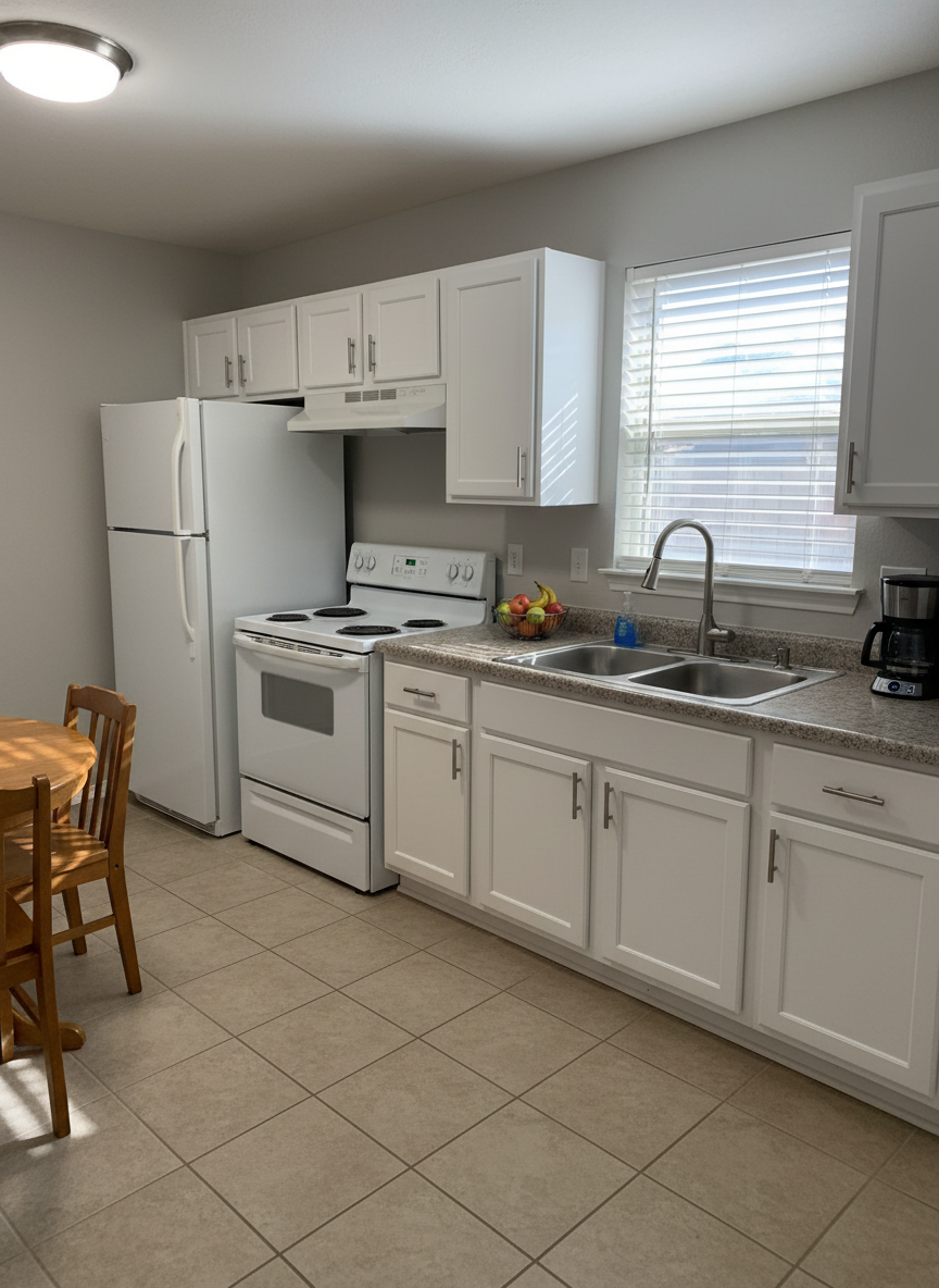 A modern, family-friendly kitchen in a San Antonio rental property, showcasing clean white shaker cabinets with brushed nickel hardware, durable speckled laminate countertops, and a stainless-steel sink with a high-arc faucet. A full-size white refrigerator and electric range sit neatly against the wall, all in excellent condition. Natural light pours in from a nearby window with white blinds, creating subtle reflections on the appliances and soft shadows under the upper cabinets. The floor features easy-to-clean beige ceramic tile. Captured in photographic realism from an eye-level perspective with sharp focus throughout, the scene feels practical, safe, and affordable, highlighting functionality and comfort rather than luxury, perfectly suited for a family looking for dependable housing.