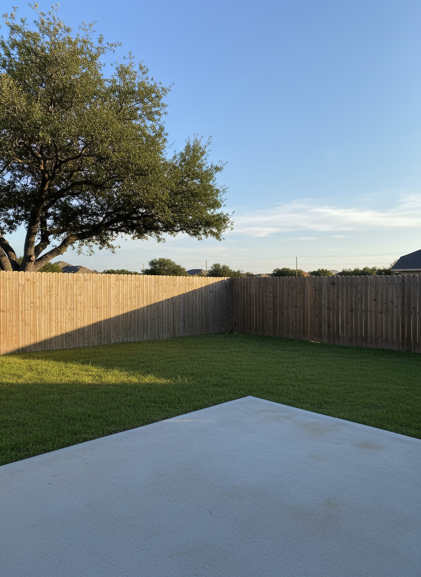 A serene, fenced backyard of a San Antonio rental home, featuring a well-kept patch of green grass bordered by a tall, sturdy wooden privacy fence with no visible gaps. A small concrete patio extends from the back door, clean and crack-free, with enough open space to imagine outdoor seating or children’s play. Late-afternoon golden sunlight creates long, gentle shadows from a nearby mature oak tree just outside the fence line, hinting at established neighborhood charm. Photographed in realistic detail from a slightly elevated angle at the patio edge, the composition emphasizes security, open space, and family-friendly outdoor living, with a clear blue sky and soft, warm colors contributing to a safe, peaceful, and affordable suburban atmosphere.