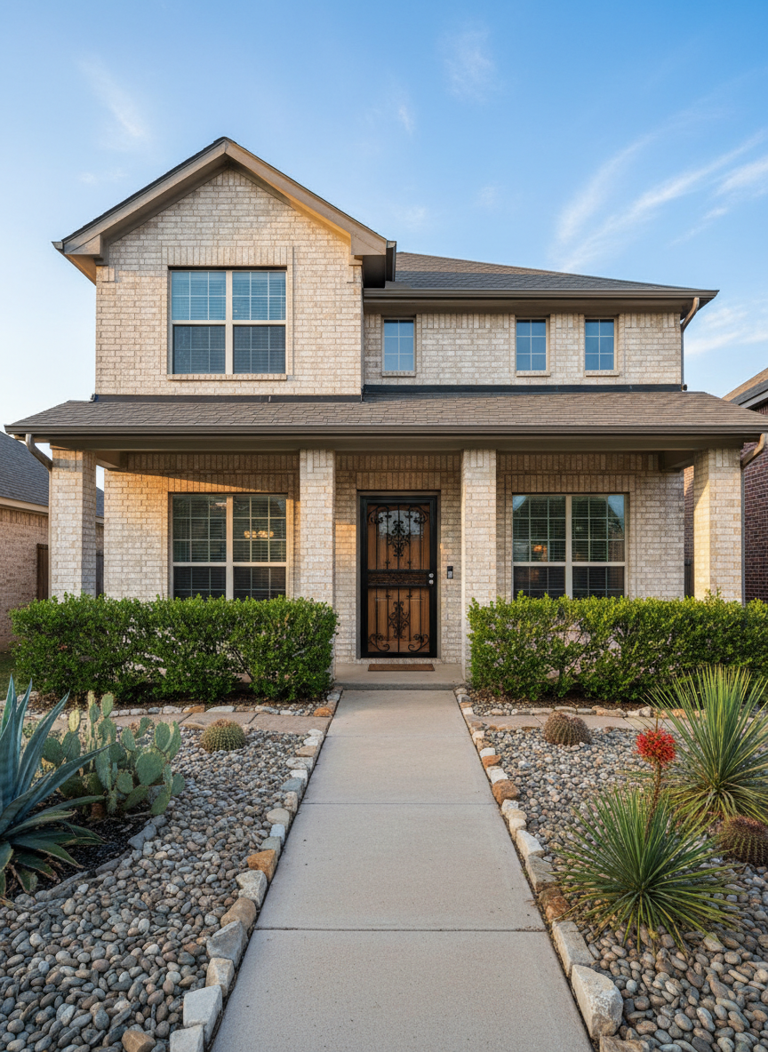 A well-maintained, two-story brick rental home with a light tan exterior, dark asphalt shingle roof, and neatly trimmed shrubs lining a clean concrete walkway. A sturdy black metal security door and modern deadbolt are clearly visible at the entrance, with a small covered porch providing shade. The front yard features drought-tolerant landscaping typical of San Antonio, including river rocks and native plants. Captured at eye level in soft late-afternoon sunlight, the image uses photographic realism with crisp focus throughout, conveying safety, stability, and professionalism. The sky is clear blue with a few wispy clouds, and the overall mood is calm, trustworthy, and welcoming, ideal for a family-oriented rental property website hero image.